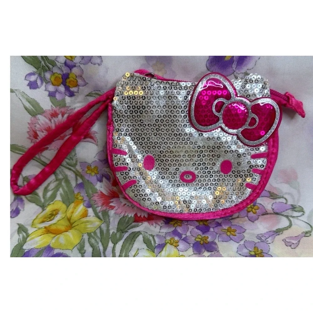 Sanrio Hello Kitty Mini Wristlet Coin Purse‎ Silver Sequin Pink Bow 4.5x5